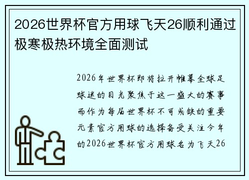 2026世界杯官方用球飞天26顺利通过极寒极热环境全面测试